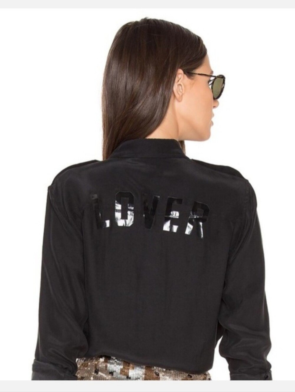 MOTHER The Cadet 100% Silk Satin Button Down Shirt Black LOVER Graphic Small